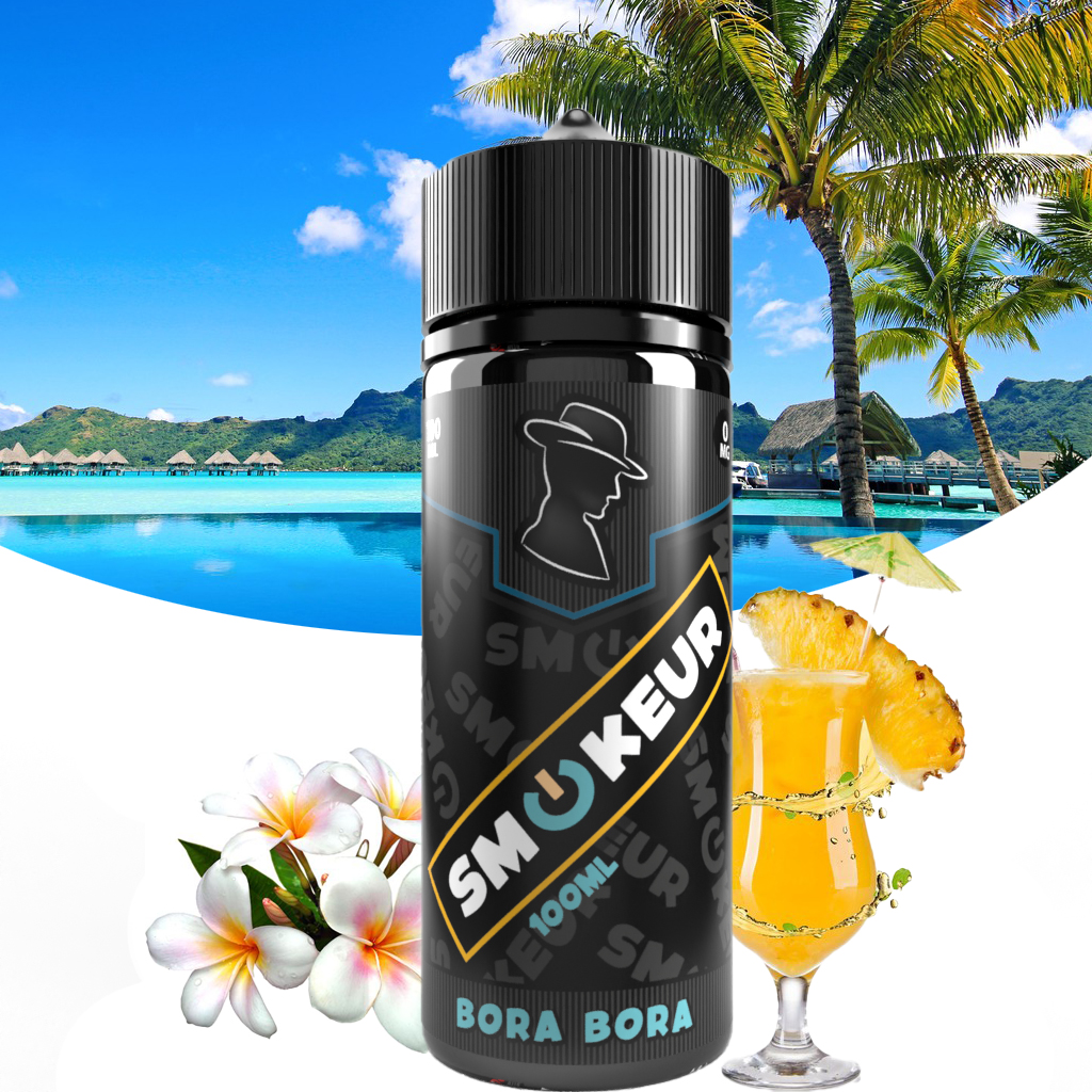 Fiole de e-liquide eau tropicale 100 ml bora-bora de sokeur avec un verre à cocktail et une plage de sable blanc des maisons sur piloto et un palmier.